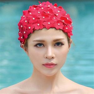 Pearl Three-dimensional Handmade Flower Swimming Cap for Women(Red)