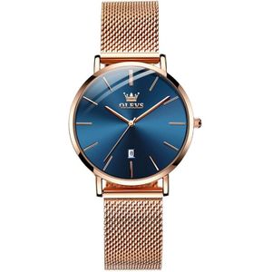 OLEVS 5869 dames zakelijke waterdichte stalen band quartz horloge (blauw + rosé goud)