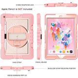 For iPad 9.7 2018 / 2017 360 Degree Rotation Contrast Color Shockproof Silicone + PC Case with Holder & Hand Grip Strap & Shoulder Strap(Rose Gold)