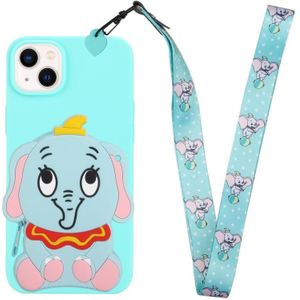 Voor iPhone 14 siliconen portemonnee telefoonhoesje met lanyard (lichtblauwe olifanten)