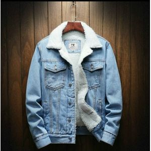 Men Winter Wool Liner Jean Jackets Outerwear Warm Denim Coats  Size:XXXXL(Sky Blue)