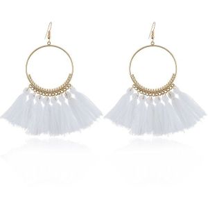 Tassel Earrings for Women Ethnic Big Drop Earrings Bohemia Fashion Jewelry Trendy Cotton Rope Fringe Long Dangle Earrings(White)
