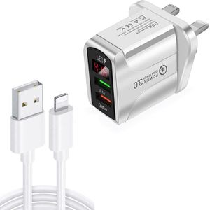 F002C QC3.0 USB + USB 2.0 LED Digital Display Fast Charger with USB to 8 Pin Data Cable  UK Plug(White)
