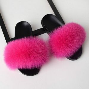 Fox Fur Slippers Flip-flops Non-slip Platte Bont Schoenen Sandalen voor vrouwen  schoenmaat:40-41(25cm)(Rosy Red)