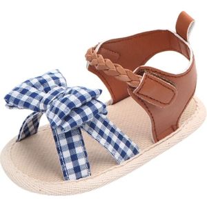 Bow Plaid Soft Weave Crib Anti-Slip Baby Girls Summer Shoes Anti-Slip Single Sandals  Size:12(Blue)