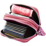 Genuine Cowhide Leather Dual Layer Solid Color Zipper Card Holder Wallet RFID Blocking Coin Purse Card Bag Protect Case with Card Slots & Coin Position  Size: 10.5*7.0*4.0cm(Pink)