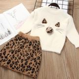 Girl Solid Color Sweater Mink Velvet + Leopard Skirt Two-piece (Color:Beige Size:120)