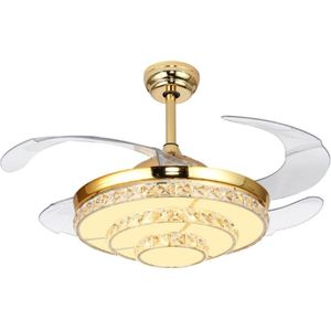 Invisible Crystal Fan LED Chandelier Home Living Room Bedroom Variable Frequency Ceiling Fan Light with Remote Control  Size:52 inch 114 Three Color Change 48W