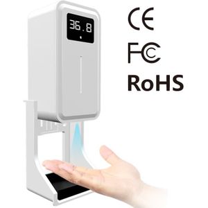 Rehabor A Handsfree Non-contact Body Light-sensitive Distance Sensor Thermometer + 450ml Automatic Non-contact Liquid Soap Spraying Dispenser with Base Mount (White)
