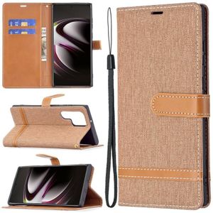 Voor Samsung Galaxy S22 Ultra 5G Kleur Matching Denim Texture Lederen Case met Houder & Card Slots & Wallet & Lanyard (Brown)