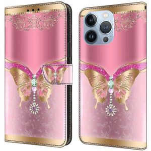 Voor iPhone 14 Pro Max Crystal 3D schokbestendig beschermend lederen telefoonhoesje (roze onderkant vlinder)