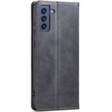 Voor Samsung Galaxy S21 FE 5G skin-feel kalfshuid textuur magnetische dual-fold horizontale flip lederen hoesje met houder en kaart slots &portemonnee (zwart)