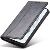 Voor Samsung Galaxy S21 FE 5G skin-feel kalfshuid textuur magnetische dual-fold horizontale flip lederen hoesje met houder en kaart slots &portemonnee (zwart)