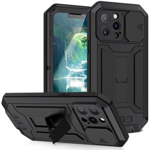 R-Just Sliding Camera Schokbestendig Waterdicht Stofdicht Metaal + Siliconen Beschermhoes Met Houder Voor iPhone 13 Pro (Zwart)