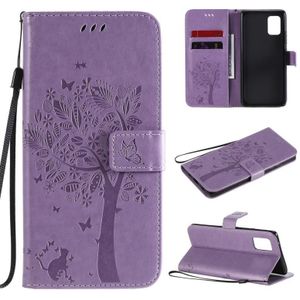 For Samsung Galaxy A71 5G Tree & Cat Embossed Pattern Horizontal Flip Leather Case with Holder & Card Slots & Wallet & Lanyard(Light Purple)
