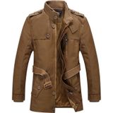 Men Long Style Leather Jacket Coat (Color:Khaki Size:M)