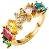 Copper 18K Micro Inlaid Zircon English Letter Ring Hip Hop Style Open Ring(A)
