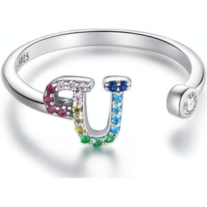 S925 Sterling Silver 26 English Letters Colorful Zircon Women Open Ring  Style:U