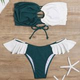 2 in 1 Pit-striped Two-color Stitching Tube Top Bikini Ladies Split Swimsuit Set with Chest Pad (Color:White and Green Size:S)
