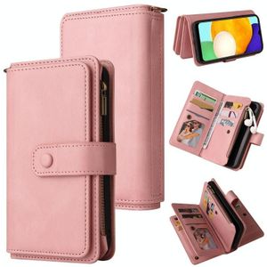 Voor Samsung Galaxy A03S Skin Feel PU + TPU Horizontale Flip Lederen Case met Houder & 15 Kaarten Slot & Portemonnee & Rits Pocket & Lanyard (Pink)