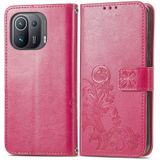 For Xiaomi Mi 11 Pro Four-leaf Clasp Embossed Buckle Mobile Phone Protection Leather Case with Lanyard & Card Slot & Wallet & Bracket Function(Rose Red)