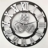 Retro Wooden Round Single-sided Gear Clock Rome Number Wall Clock  Diameter: 45cm (Silver)
