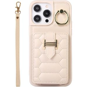 Voor iPhone 14 Pro Max Vertical Card Bag Ring Holder Phone Case met Dual Lanyard(Beige)