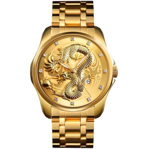 SKMEI 9193 Men Golden Dragon Pattern Calendar Dial Luminous Quartz Watch(Gold)