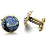 1 pair Fashion Van Gogh Art Painting Series Cufflinks Van Gogh Starry Night Crystal Glass Cabochon Cufflinks(Gold)