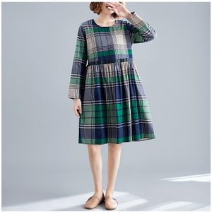 Large Size Loose Looking Thin Western Style Mid-length Plaid Dress (Color:Green Size:XXL)