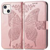 Butterfly Love Flower Embossed Horizontal Flip Leather Case with Bracket / Card Slot / Wallet / Lanyard For iPhone 13 mini(Rose Gold)