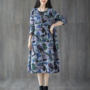 Loose Slim Printed Mid-length Cotton And Linen Dress (Color:Blue Size:XXL)