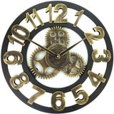 Retro Wooden Round Single-sided Gear Clock Number Wall Clock  Diameter: 45cm (Gold)