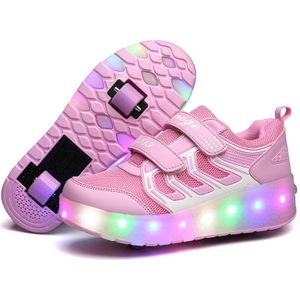 WS01 LED-licht Ultra Licht Mesh oppervlak oplaadbare dubbel wiel rolschaatsen schoenen sportschoenen  grootte : 32 (roze)