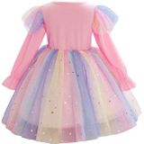 Children Dress With Flying Sleeves Rainbow Sequined Mesh Princess Dress (Color:Pink Size:130)