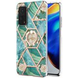 Voor Xiaomi MI 10T / MI 10T Pro Electroplating Splicing Marmeren Bloem Patroon TPU Schokbestendig Case met Rhinestone Ringhouder (Blauwe Bloem)