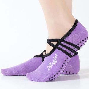 1 Pair Sports Yoga Socks Slipper for Women Anti Slip Lady Damping Bandage Pilates Sock  Style:stripes parallel bars and lace-up(Light Purple)