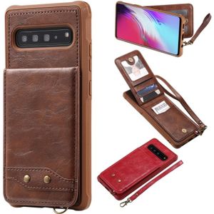 For Galaxy S10 5G Vertical Flip Shockproof Leather Protective Case with Short Rope  Support Card Slots & Bracket & Photo Holder & Wallet Function(Coffee)