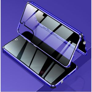 For Samsung Galaxy S21 5G Four-corner Shockproof Anti-peeping Magnetic Metal Frame Double-sided Tempered Glass Case(Blue)