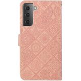 For Samsung Galaxy S21 FE Ethnic Style Embossed Pattern Horizontal Flip Leather Case with Holder & Card Slots & Wallet & Lanyard(Pink)