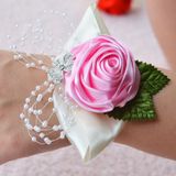 Handgemaakte Wedding Bride pols bloem corsages boeket Corsage Diamond satijn Rose Flowers(Pink)