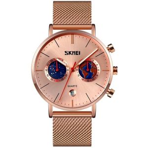 SKMEI 9231 Men Map Pattern Calendar Stopwatch Stainless Steel Strap Quartz Watch(Rose Gold)