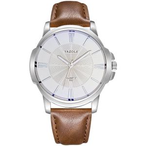 332 YAZOLE Men Fashion Business Leather Band Quartz Wrist Watch(Brown + White)