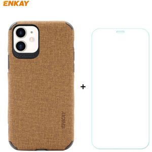 For iPhone 11 ENKAY ENK-PC0312 2 in 1 Business Series Denim Texture PU Leather + TPU Soft Slim Case Cover ? 0.26mm 9H 2.5D Tempered Glass Film(Brown)