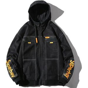 Hooded Casual Letter Print Tooling Denim Jacket for Men (Color:Black Size:XXL)
