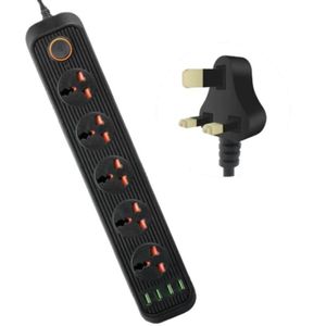A03 2m 3000W 5 stekkers + 4-USB-poorten Multifunctioneel vlamvertragend stopcontact met schakelaar (UK-stekker)
