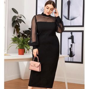 Mesh Stitching Half-High Collar See-Through Bag Hip Long Dress (XL)