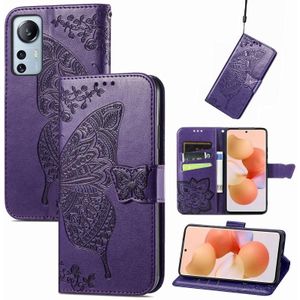 Voor Xiaomi 12 Lite Butterfly Love Bloem in reliëf Horizontale Flip Leather Phone Case (Dark Purple)