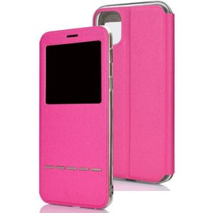 For iPhone 11 Pro  Matte Texture Horizontal Flip Bracket Mobile Phone Holster Window with Caller ID and Metal Button Slide To Unlock(Magenta)