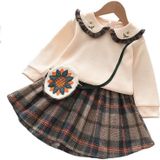 Plaid Top + Pleated Half-length Princess Skirt Two-piece Suit (Color:White Size:140)